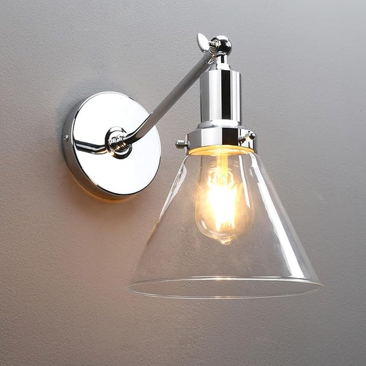 PERMO Industrial Vintage Slope Pole Wall Mount Single Sconce with Funnel Flared Clear Glass Shade Wall Sconce Light Lamp Fixtures (Chrome)