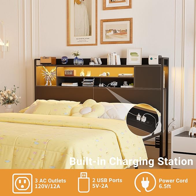 Unikito Headboard for Queen Size Bed, Bookcase Style Head Board with Power Outlet and RGB LED Light, Reversible Headboard with Storage, Height Adjustable, Sturdy and Stable, Queen Size, Black