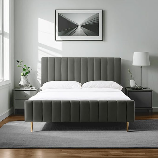 Livinia Queen Size Elton Velvet Platform Bed, Upholstered Bed Frame with Vertical Channel Tufted Headboard Footboard, Strong Wood Slats, No Box Spring Needed, Gray (Queen)