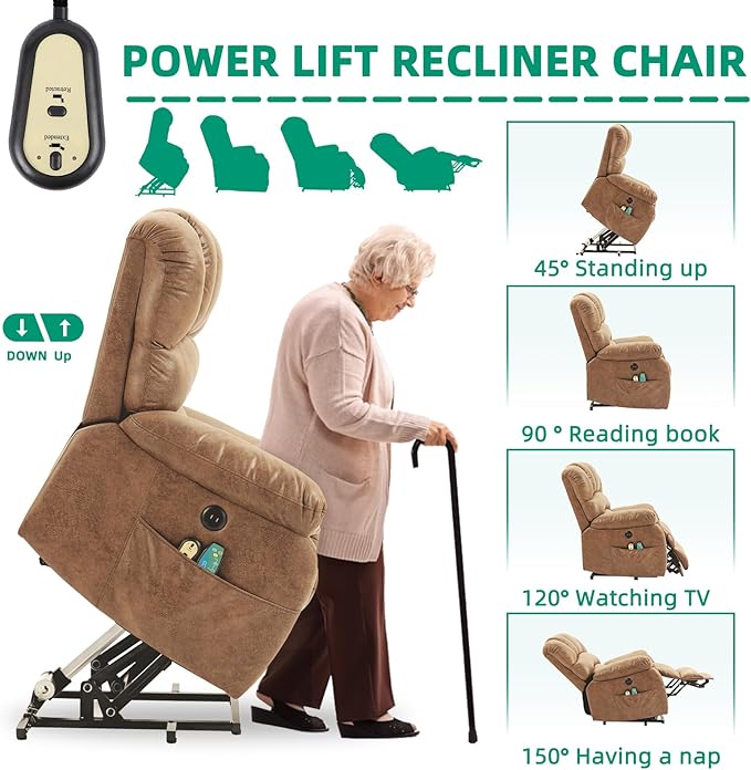 VIVIJASON Tall Man Large Power Lift Recliner Chair with Extended Footrest for Elderly, Overstuffed Wide Electric Lift Chair with Heat & Massage, 2 Remote Controls, Side Pockets & USB Ports, Sand