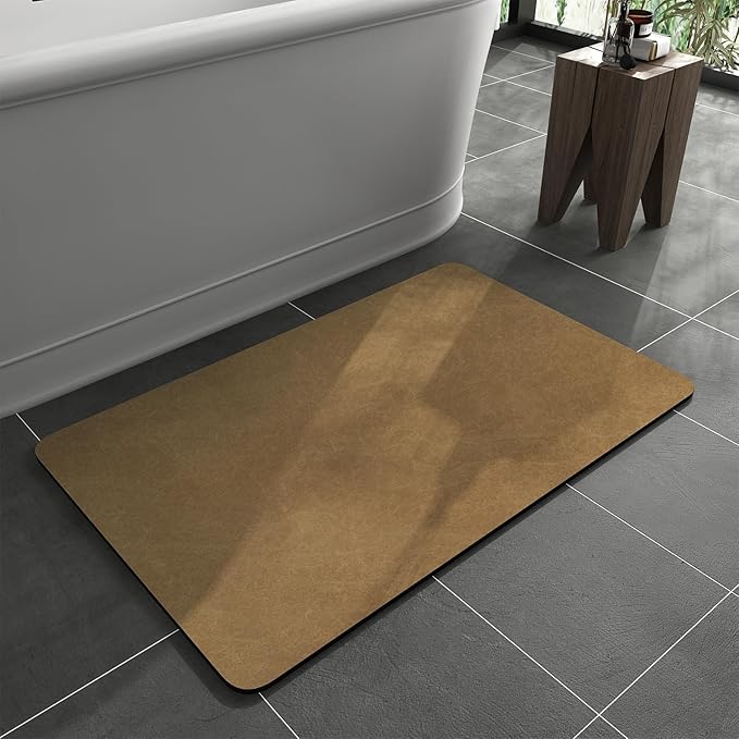 MontVoo -Bath Mat Rug-Rubber Backing Non Slip Quick Dry Absorbent Thin Bathroom Rugs Fit Under Door-Faux Suede Surface Bathroom Floor Mats-Shower Rug for in Front of Bathtub Shower Camel 16"x24"