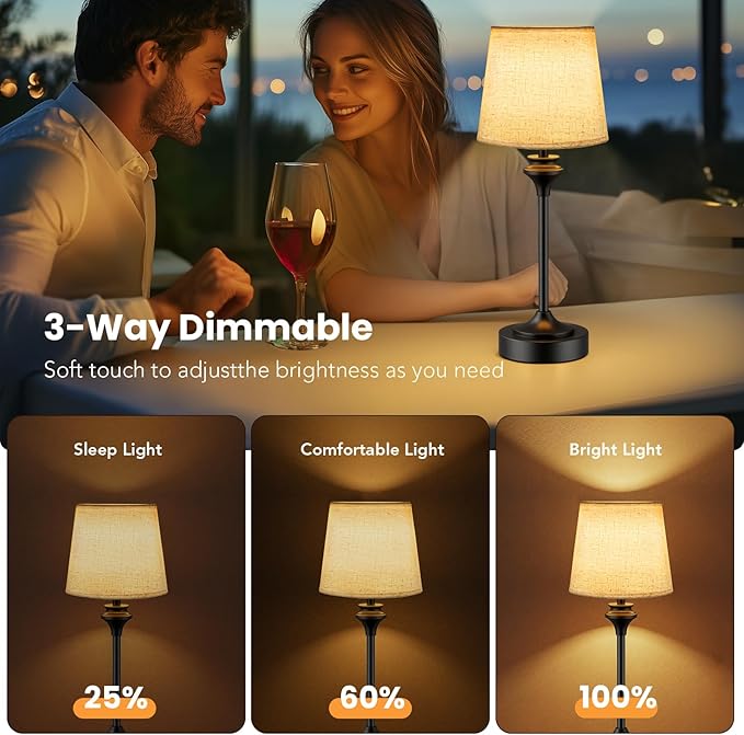 NIORSUN Portables Cordless Table Lamp Set of 2, Battery Operated Lamp, Bedside Table Lamp with Warm White,3 Way Dimmable Touch Desk Lamp for Bedroom Living Room Restaurant Whtie Shade (Black)