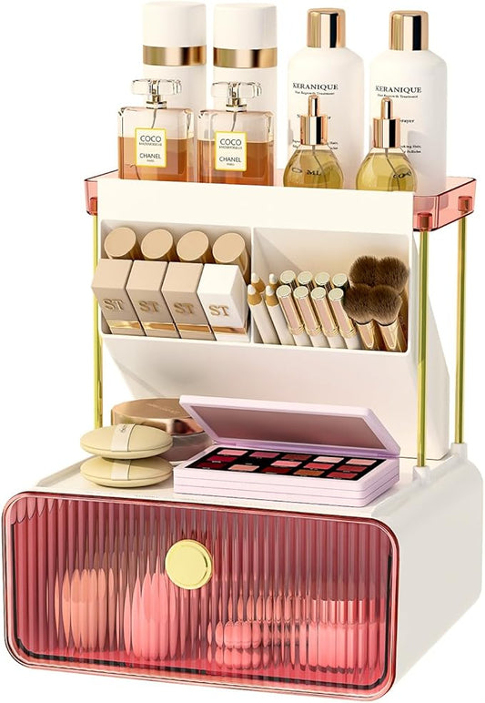 FOLLOWIN Bathroom Organizers and Storage with Drawer,Vanity Storage Organizer with Makeup Brushes Holder, Perfume Lotion Cosmetic Organizer,Blush Pink