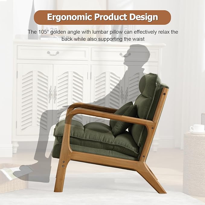 INZOY Accent Chairs Set of 2, Mid Century Modern Accent Chair with Wood Frame, Upholstered Reading Armchair with Waist Cushion, Side Chair for Living Room Bedroom Office, Easy Assembly, Green