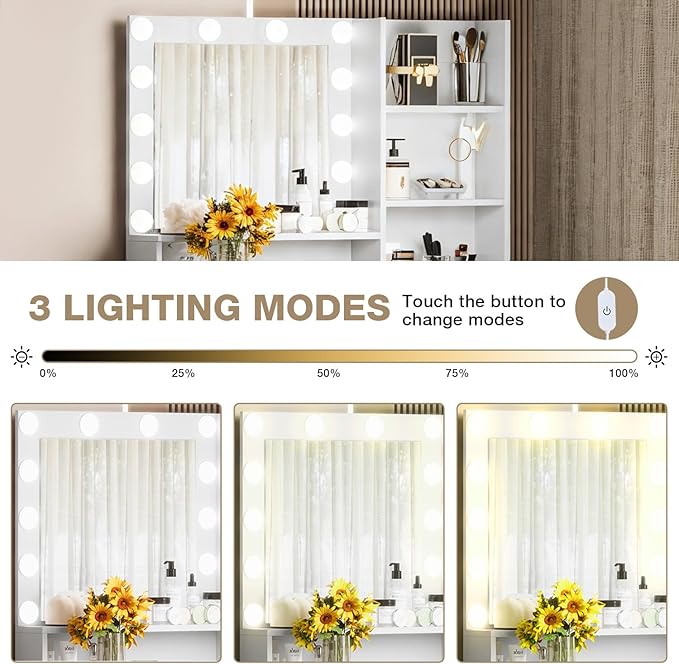 Vanity Desk with Mirror and Lights, Makeup Vanity Table and Chair Set with Power Outlet, 3 Color Modes Adjustable Brightness White Vanity, Dressing Table for Bedroom