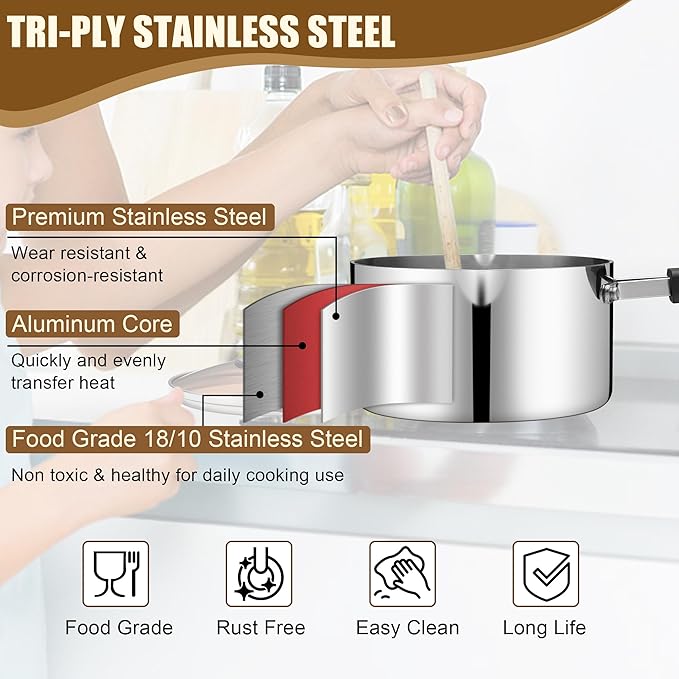 E-far 2 Quart Sauce Pan with Lid, Stainless Steel Tri-Ply All Clad Small Cooking Pot with Pour Spout, Multipurpose Induction Saucepan & Stay-Cool Handle, Compatible with All Cooktops, Dishwasher Safe