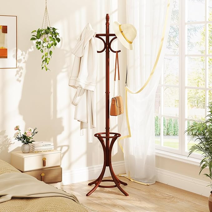 Tangkula Coat Rack with Umbrella Holder, 73 Inch Freestanding Coat Hanger Stand with 12 Hooks, Wooden Entryway Coat Tree for Clothes, Bags, Hats, Scarves, Living Room, Bedroom, Hallway (Reddish Brown)