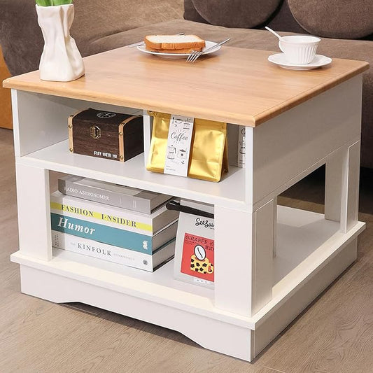 ALBAD Farmhouse Rustic Square Coffee Tables Living Room Center Table with Half Open Storage White & Light Brown