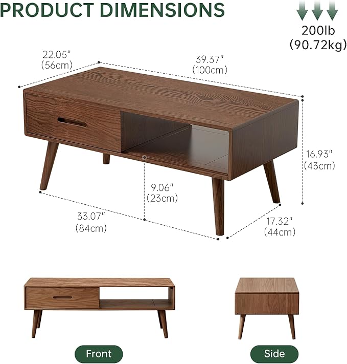 100% Solid Oak Wood Coffee Table for Living Room, Coffee Table with Storage Shelf and 2 Drawers, Mid-Century Modern Coffee Tables for Home (Oak Walnut Colour, 39.37'' W)