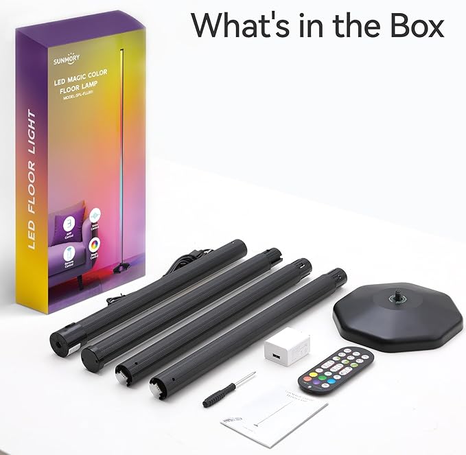 SUNMORY RGB LED Floor Lamp, 57" Corner Lamp with 80+ Scene & Timer, Smart Modern Ambient Lighting with Music Sync & 16 Million Colors, Remote & App Floor Lamps for Living Room, Gaming Room, Bedrooms