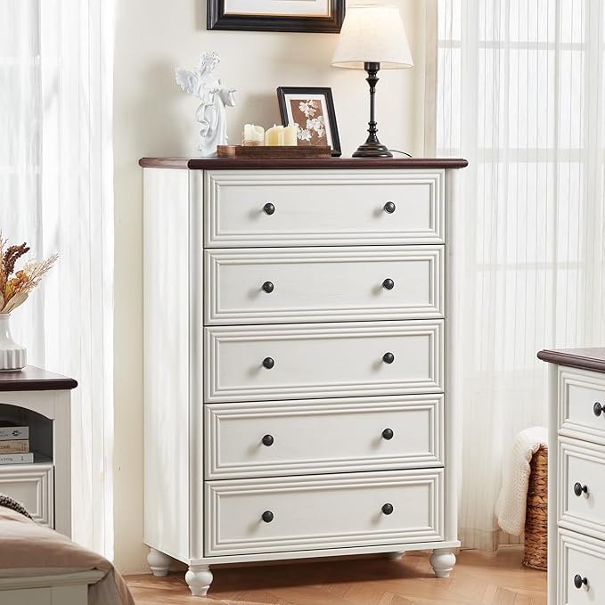 Farmhouse 5 Drawers Dresser for Bedroom, Wood 45" Tall Chest of Drawers, Dresser Rustic Storage Dressers Organizer with Metal Handle Closet for Living Room, Hallway Entryway