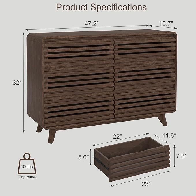 Fluted Dresser for Bedroom, Wide 6 Drawers Dresser, Chests of Drawers with Grille & Curved Design, Dressers Slides Pre-Installed, Large Wood Drawer Organizer for Bedroom Hallway, Dark Walnut