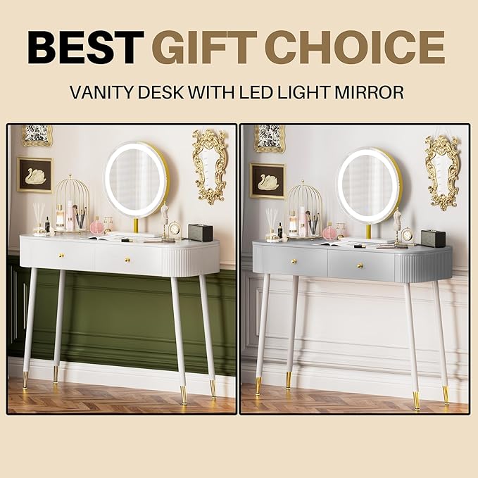 WinZo 40" Vanity Desk with Mirror and Lights, Small Makeup Vanity Table with 2 Storage Drawers and Charging Station, 3 Color Touch Screen Stylish Dressing Table for Small Spaces & Bedroom, Gray