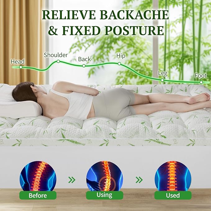 Mattress Topper Queen Size,Viscose Made from Bamboo Pillow Top Mattress Topper,1200 GSM Cooling Mattress Pad,2In Extra Thick Pillow Top for Back Pain with 8"-18" Deep Pocket(60"x80")