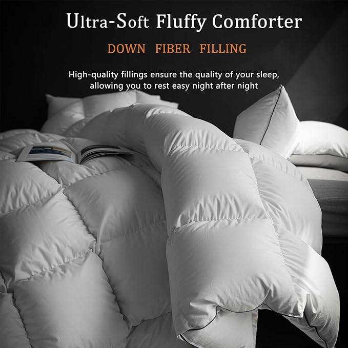 Luxury White Down Fiber Comforter King Size - Down Fiber Comforter for All Seasons - Ultra-Soft Duvet Insert Medium Warmth - Hotel Collection Comforters，59 Oz (106x90)
