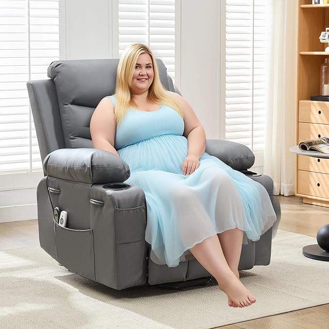 Power Lift Recliner PU Chair for Elderly, with Massage & Heat, Big and Tall Living Room or RV Single Sofa for Adults, 135° Reclining Accent Chairs, 2 Cup Holders and Side Pockets (Gray Leather)