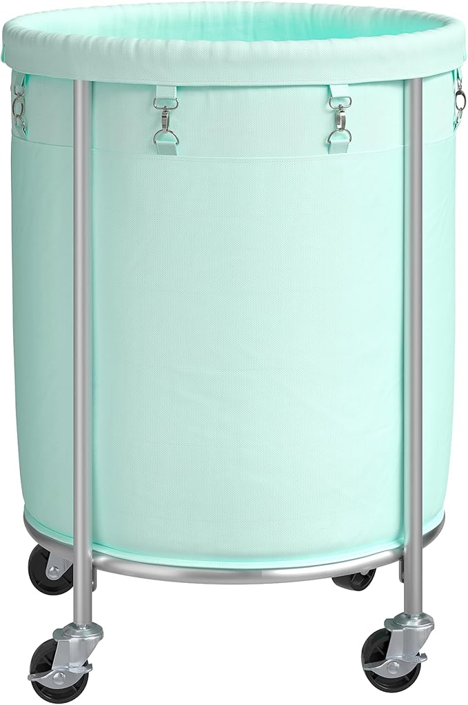 ELYKEN Laundry Basket with Wheels, 170L Rolling Laundry Hamper with Removable Bag and Steel Frame, Round Laundry Cart with 4 Casters and 2 Brakes, Ideal for Bedroom, Bathroom, Laundry Room, Mint Green