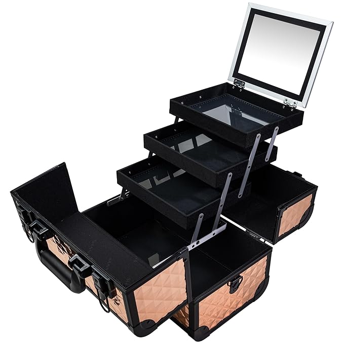 SHANY Premier Fantasy Professional Makeup Train Case Cosmetic Box Portable Makeup Case Organizer Jewelry storage with Locks, 3 Trays,Makeup Brush Holder and Cosmetics Mirror - ROSA