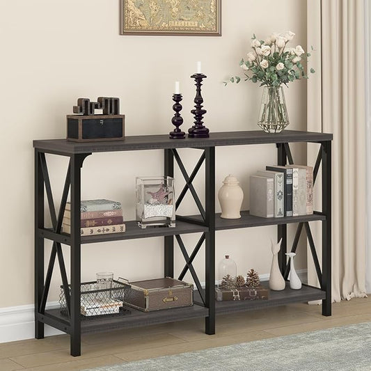IBF Modern Entryway Table, Rustic Sofa Table Behind Couch, Industrial Metal Wood Console Table with Storage Shelves, 3 Tier Foyer Hallway Table for Entry Living Room Bedroom, Dark Gray Oak, 47 Inch
