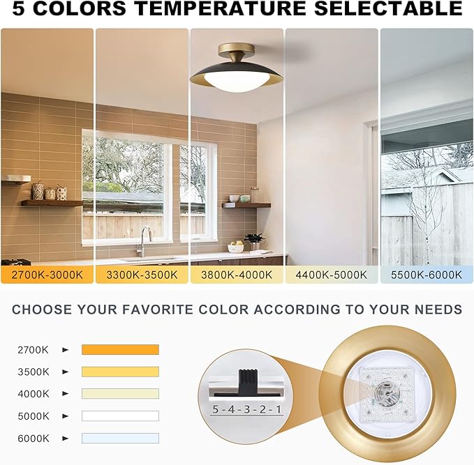 Dimmable Small Mid Century Modern Flush Mount Ceiling Light with Acrylic Shade,Black and Gold LED Ceiling Lights,5CCT 2700K-6000K Light Fxiture for Hallway Entryway Bedroom Kitchen Laundry Room 11.8in