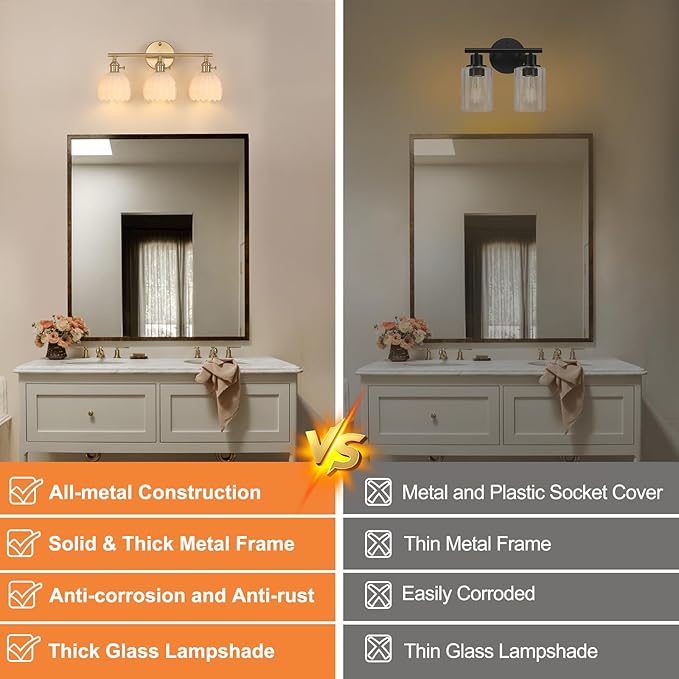 Bathroom Light Fixtures, 3-Light Brass Vanity Wall Light Over Mirror with White Tulip Glass Shade for Bedroom Living Room