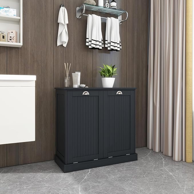 Tilt Out Laundry Hamper Cabinet with Removable Basket, Double Hidden Laundry Hamper Cabinet, Wood Bathroom Storage Cabinet, Free Standing Home Organizer, (Black)