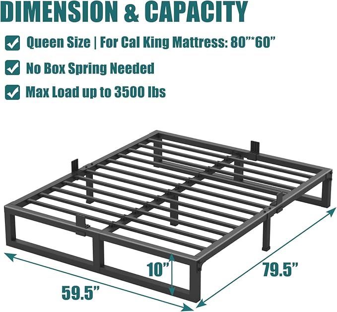 10 inch Queen Bed Frame,3500 lbs Heavy Duty Metal Platform, Steel Slats Support/No Box Spring Needed/Noise Free/Non-Slip/Easy Assembly