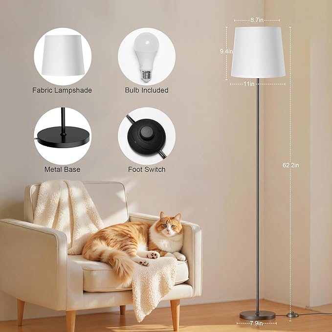 Floor Lamp with White Fabric Shade - Dimmable Standing Lamp with Foot Switch, 3 Light Modes, 9W E26 LED Bulb Included, 62" Floor Reading Light for Living Room Bedroom Office Corner, Black