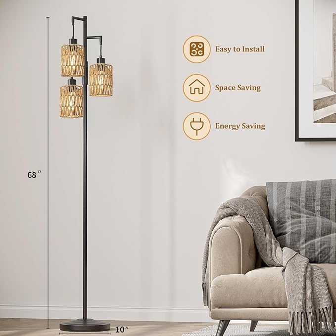 Oneach 68" Floor Lamps for Living Room, Stepless Dimmable Boho Floor Lamp with 3 Bulbs, Tall Farmhouse Industrial Corner Standing Tree Lamp for Bedroom, Office, Study Room, Dining Room, Black