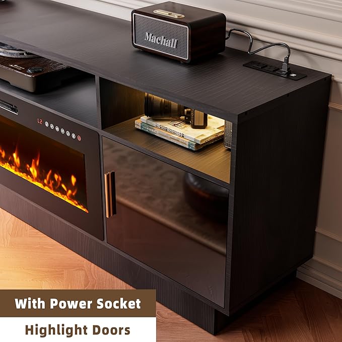 Ludatido 80 Inch Premium TV Stand with 36 inch Electric Fireplace 27 Inch high LED Light Entertainment Center Easy to Assemble for TVs Up to 90'' with USB&AC Power Interface White