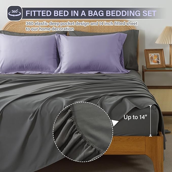 Cosybay Bed in a Bag King Reversible Comforter Sets 7pcs All Season Down Alternative Bedding Sets Lavender and Grey with Comforter, Pillow Shams, Flat Sheet, Fitted Sheet and Pillowcase