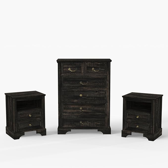 Farmhouse Bedroom Set, 3 Pieces Bedroom Furniture Set, Rustic Wood Tall 6 Drawer Dresser and Nightstands, Chest of Drawers Wide Storage Organizer Cabinet for Bedroom