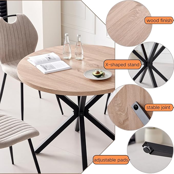 39" Round Dining Table Set for 4, Mid Century Kitchen Table with 4 Fabric Upholstered Dining Chairs for Apartment Living Room Space Saving