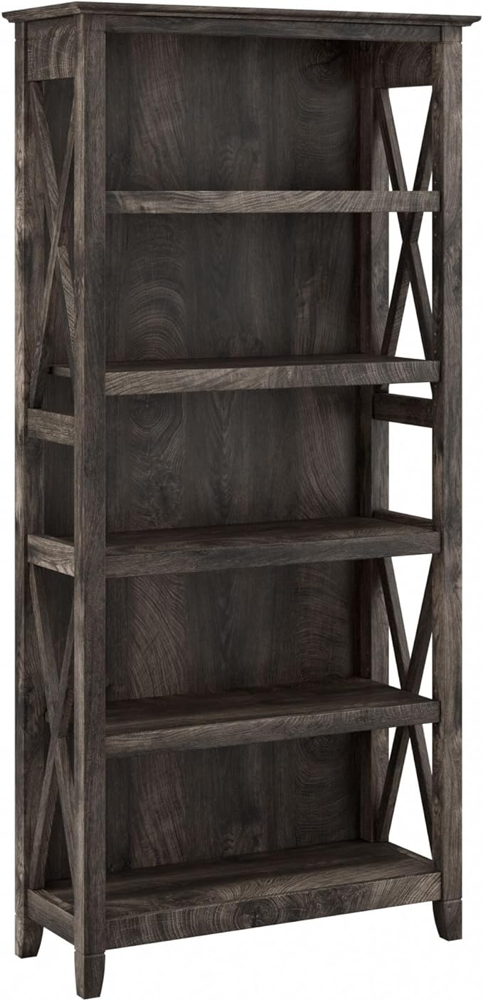 Bush Furniture Tall 5 Shelf Bookcase for Living Room or Home Office, Large Bookshelf, Modern Farmhouse Style, Key West Collection, Dark Gray Hickory