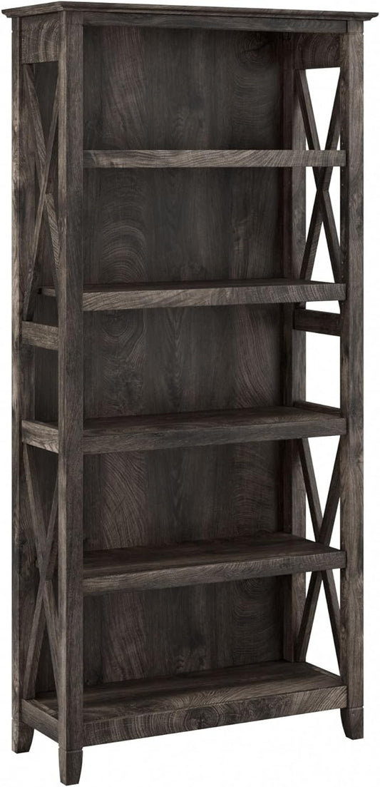 Bush Furniture Tall 5 Shelf Bookcase for Living Room or Home Office, Large Bookshelf, Modern Farmhouse Style, Key West Collection, Dark Gray Hickory