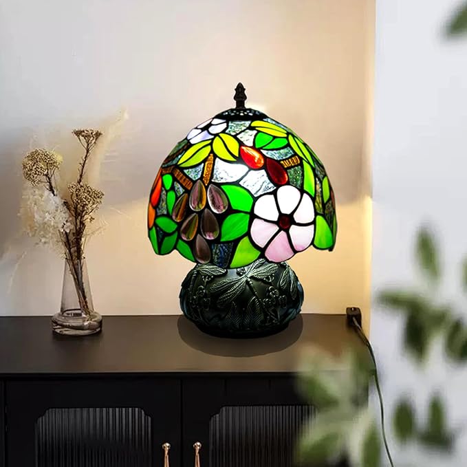 Small Tiffany Stained Glass Lamp, 3 Color Temperatures Bedside Lamp, 8 Inch Mushroom Desk Light for Bedroom Living Room Office Home Decor (Grape Pattern)