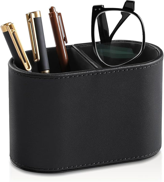 PU Leather Pen Holder for Desk, Small Remote Control Holder Pencil Cup Multifunctional Desktop Organizer Caddy for Home School Office Desk Accessories - 2 Compartments (Black)