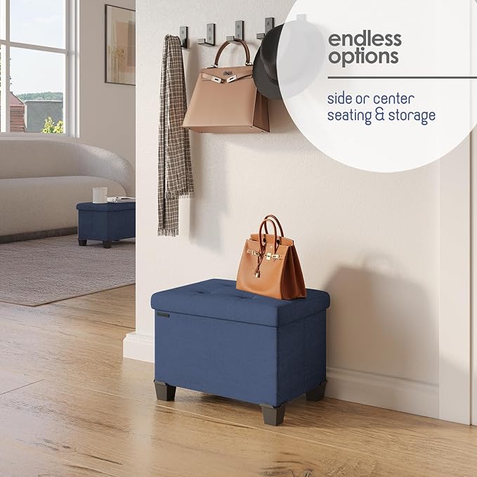 STORAGEBUD Storage Ottoman Cube with Small Bin, 16-in Square Ottoman with Storage for Living Room and Bedroom, Small Ottomans Foot Rest, Fabric Foot Stools Ottomans Max 330lbs, Blue