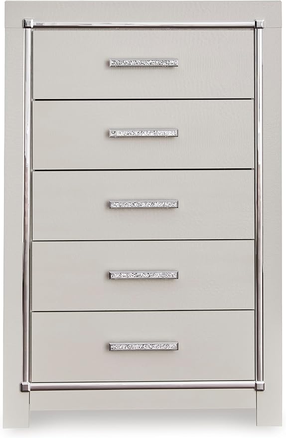 Signature Design by Ashley Zyniden Glam 5 Drawer Wide Chest with Safety Stop for Bedroom, Chrome