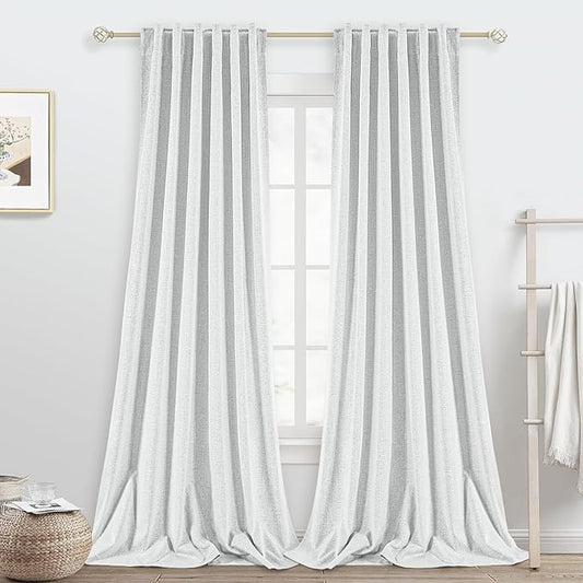 100% Linen Blackout Curtains for Bedroom 120 Inches Long, Back Tab/Rod Pocket Living Room Drapes, 10 FT Thermal Insulated Textured Blackout Curtains 2 Panels Set, 50" W x 120" L, Static White