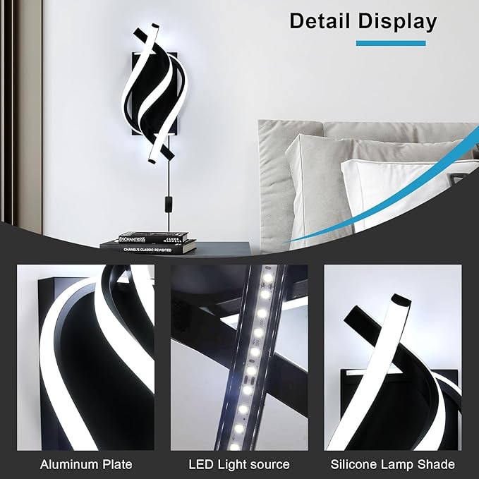 Modern LED Plug in Wall Sconce, 21W Black Indoor Wall Lights with Plug and Switch, Wall Lamps for Living Room, Bedroom, Hallway, Stairway, 6500K Wall Mounted Light