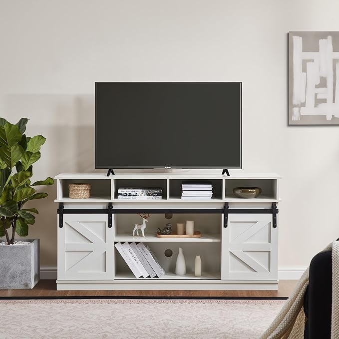 Softa 58" TV Stand, Modern & Farmhouse Wood Entertainment Center for TVs Up to 65", with Sliding Barn Door, Storage Cabinet Table, Adjustable Shelves (White)
