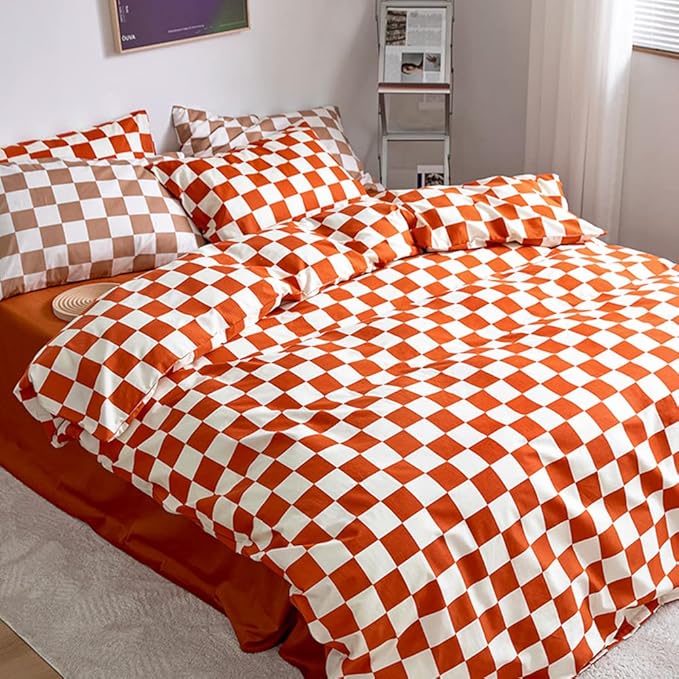 CLOTHKNOW Rust Beige Plaid Queen Comforter Set 3Pcs Grid Bedding Comforter Sets Soft Checker Queen Comforter Burnt Orange Queen Size Comforter Sets