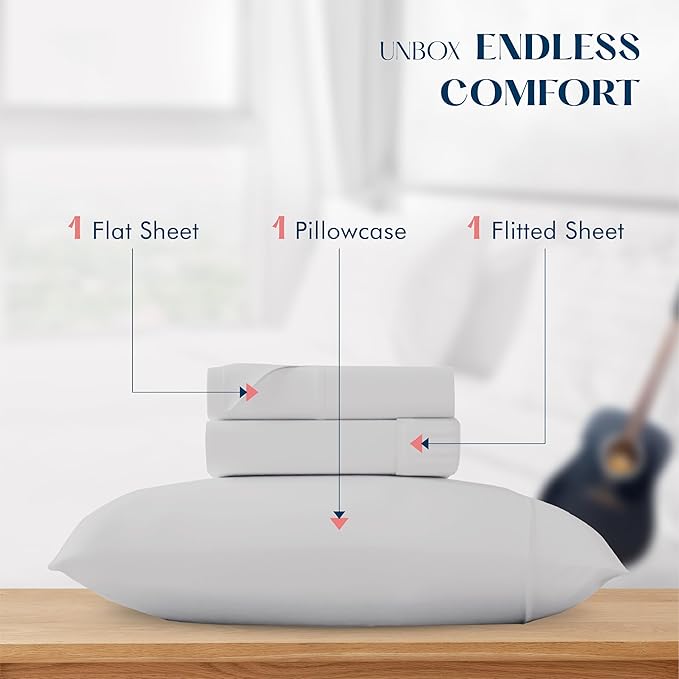 XOOX Linen 100% Cotton Twin Sheets Set - 500 Thread Count Cotton Sheets Twin Size, Extra Soft, Sateen Weave, Cooling Deep Pocket Bed Sheet for Dorm Room, Luxury Hotel Quality Bedding (3 PC, Silver)