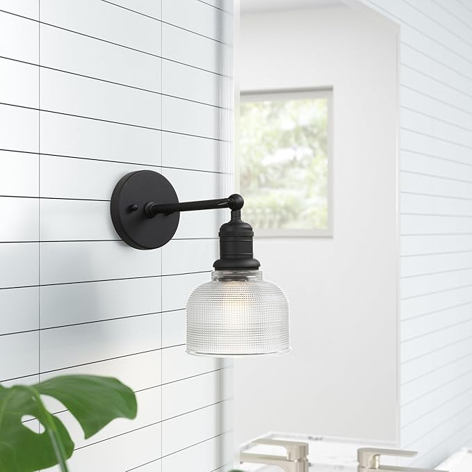 Yosoan Boho Indoor Vintage Wall Sconce with Striped Bowl Shade, 1-Light Modern Vanity Industrial Single Wall Mounted Hardwired Texture Glass Shade for Living Room Bedroom Fireplace Hallway(Black)