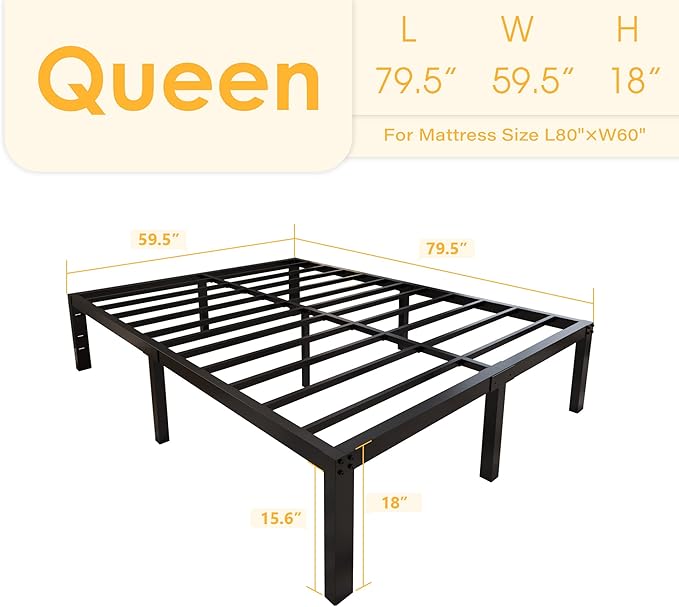 18 Inch Tall and Strong Platform Metal Bed Frame/Easy Assembly Mattress Foundation/ 4000lbs Heavy Duty Frame with Steel Slat Support/No Noise/No Box Spring Needed, Queen