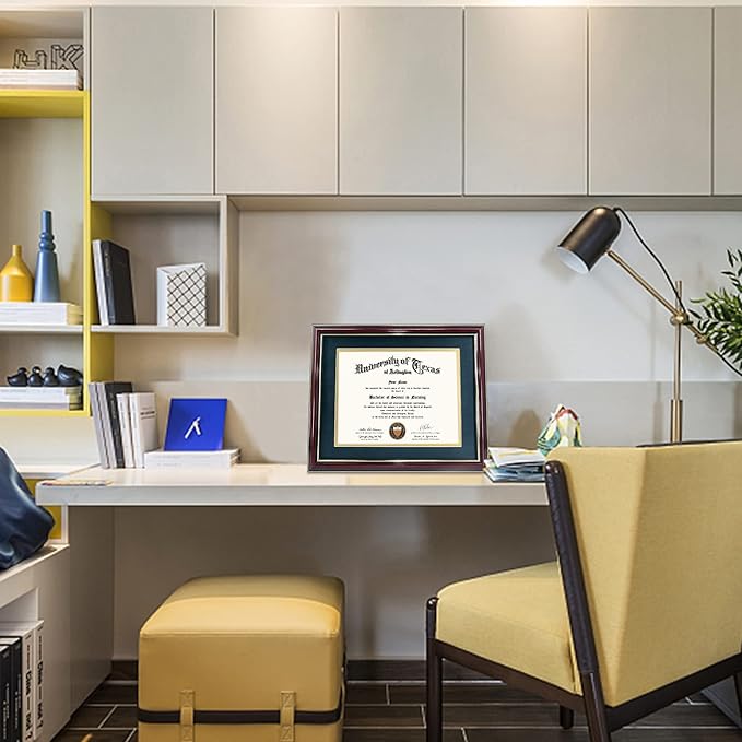 GraduationMall 8.5x11 Diploma Frame with Navy over Gold Mat or Display 11x14 Certificate without Mat,Solid Wood & UV Protection Acrylic,Glossy Cherry Finish with Gold Trim