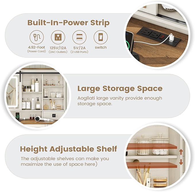 AOGLLATI Farmhouse Makeup Vanity Desk with Lights & Charging Station,Vanity Desk with Mirror and Lights, 47.2” Large Brown Vanity Table with Ample Storage Space and Sliding Mirror (Antique White)