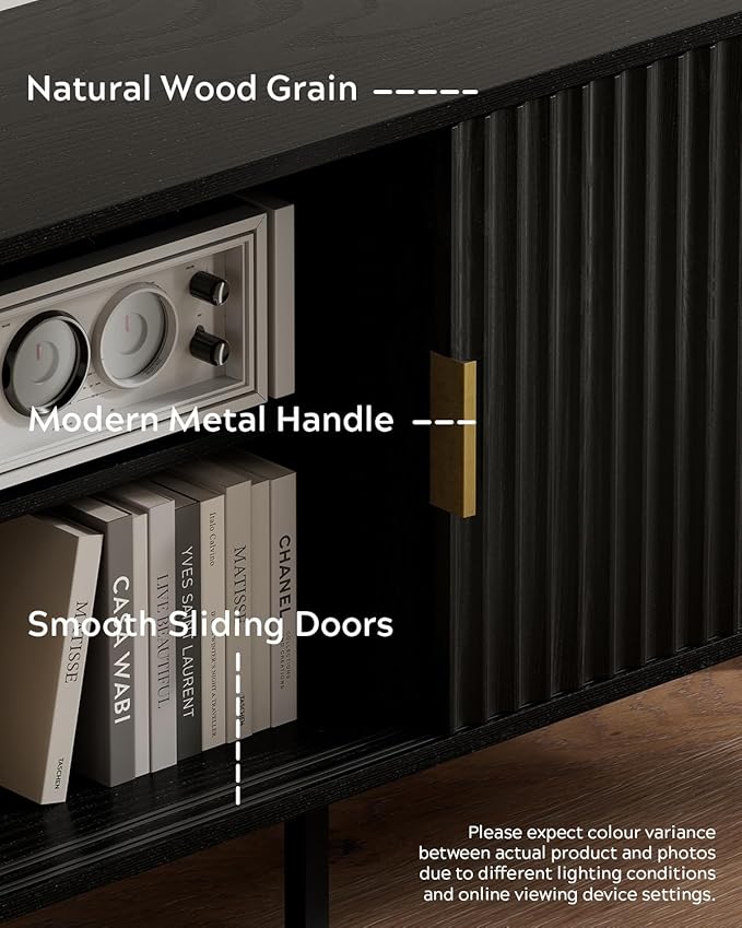 Fluted Tv Stand with Sliding Doors, 47" Mid Century Entertainment Center with Adjustable Shelf, Wooden Media TV Console with Storage Cabinet for Living Room, Black