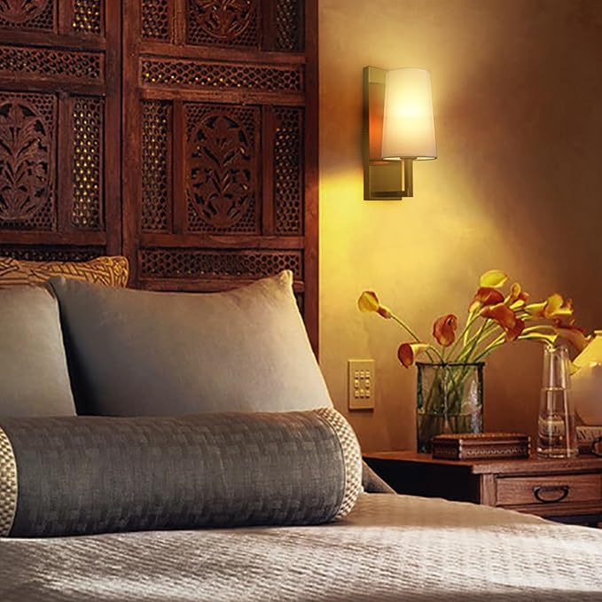 Gold Wall Sconces Set of Two Mid-Century Modern Fabric Shade Sconces Wall Lighting Indoor Brass Wall Lamp for Bedroom Hallway Living Room